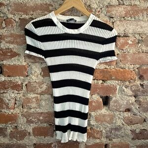 Zara Black and White Striped Short Sleeve Top